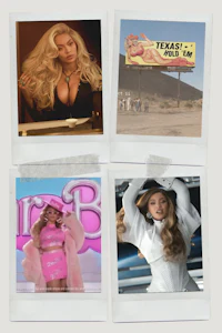four polaroid photos of a woman in a pink dress